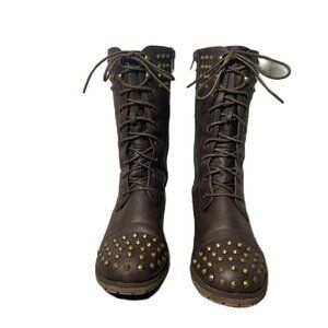 Nature Breeze lace-up and side zipper boots, metal studs detail, brown, size 9